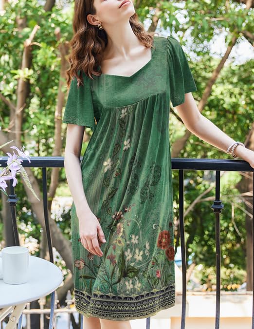 Image of Ekouaer Women's House Dress - Pleated Nightgown with Short Sleeves & Pockets