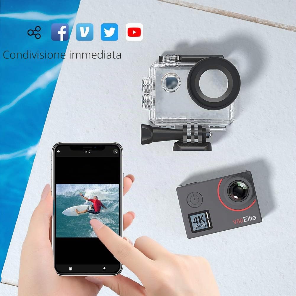 AKASO V50 Elite - Fotocamera sportiva 4 K 60 FPS, kit di maniglia galleggiante, include 20 MP WiFi azione camera impermeabile con maniglia galleggiante impermeabile per fotocamera sportiva, borsa