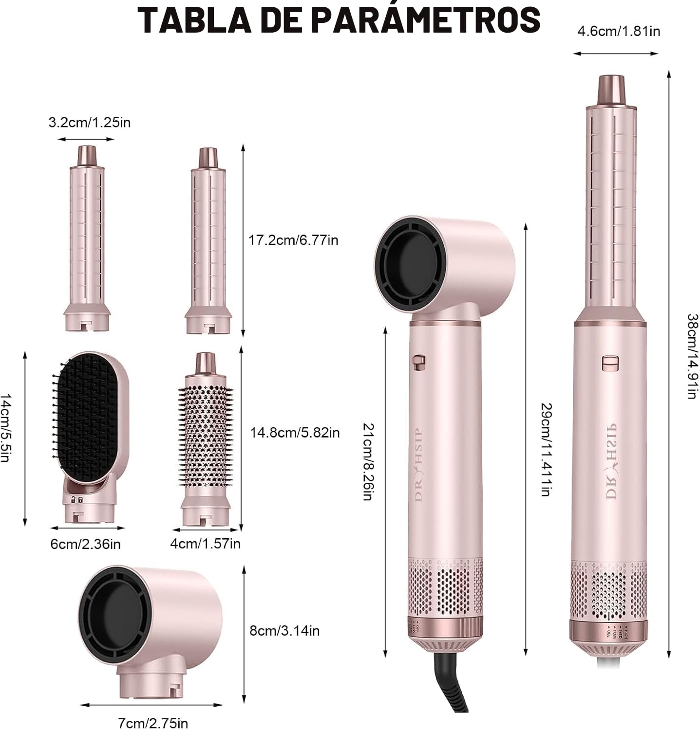 Dryhsip Cepillo Secador, Cepillo de Aire Caliente 5 en 1, Secador y Moldeador con Cabezales Desmontables (Rizador, Voluminizador, Alisador, Rizador), Viaje Ligeros para Mujeres (Pink)