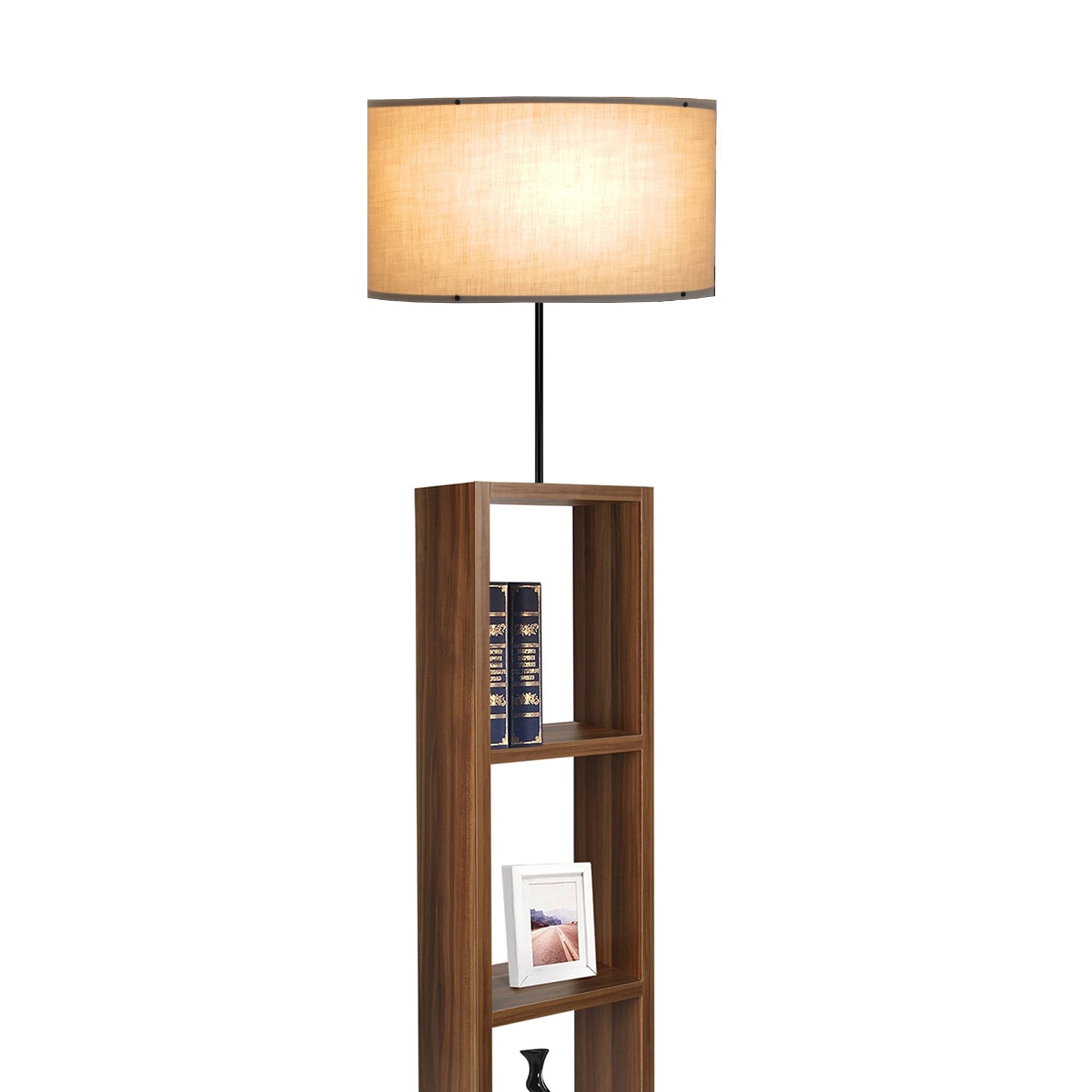 lux.pro Lampada da Terra - Altezza 150 cm - Piantana con Paralume Cilindrico in Tessuto Beige e Base a Scaffale Portaoggetti in MDF effetto Legno