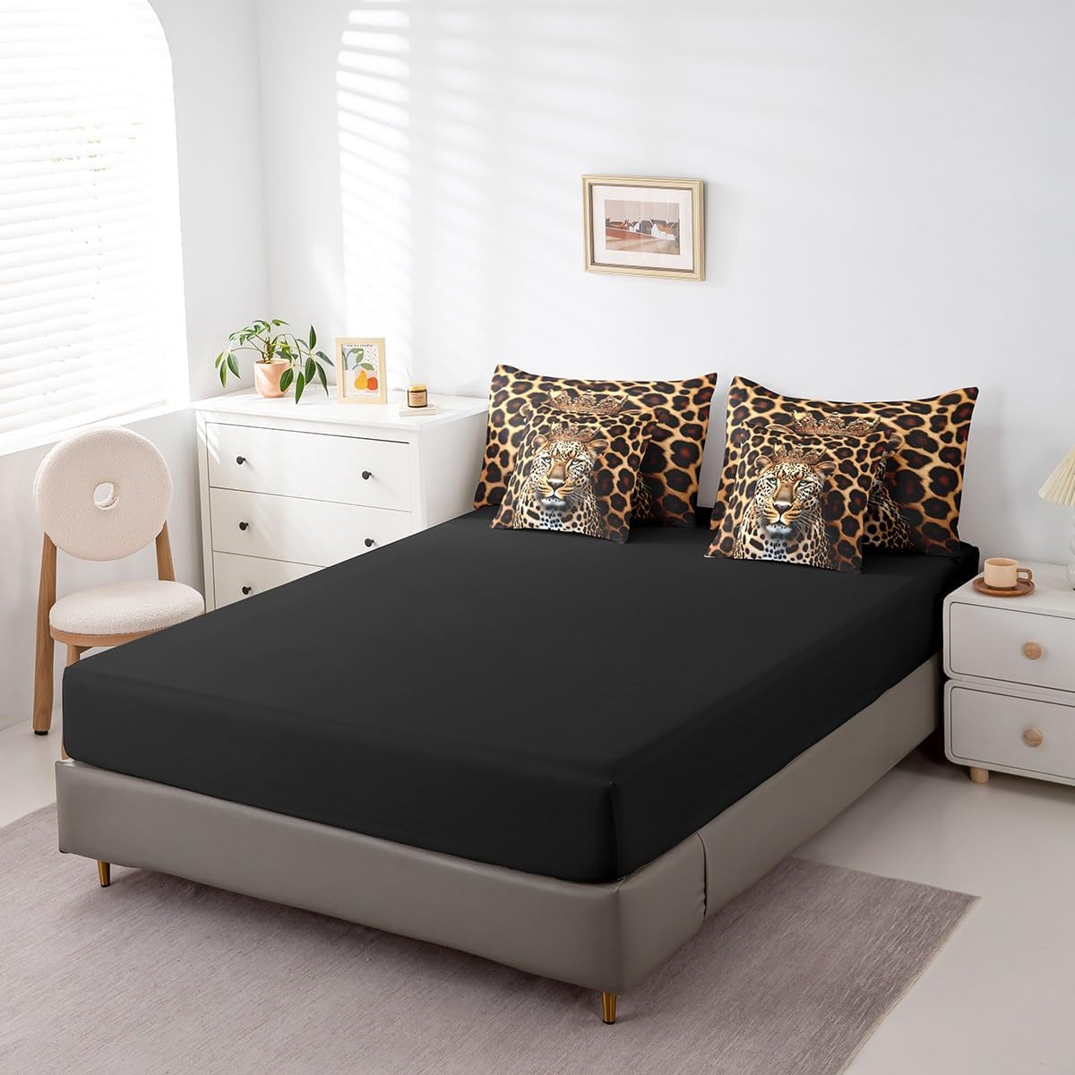 Feelyou Leopard Print Comforter Set 7 Pieces Queen Size Cheetah Print Bedding Set for Kids Wild Animal Decor Bed in a Bag,Comforter & Sheets & Pillowcases & Cushion Covers（No Real Fur）