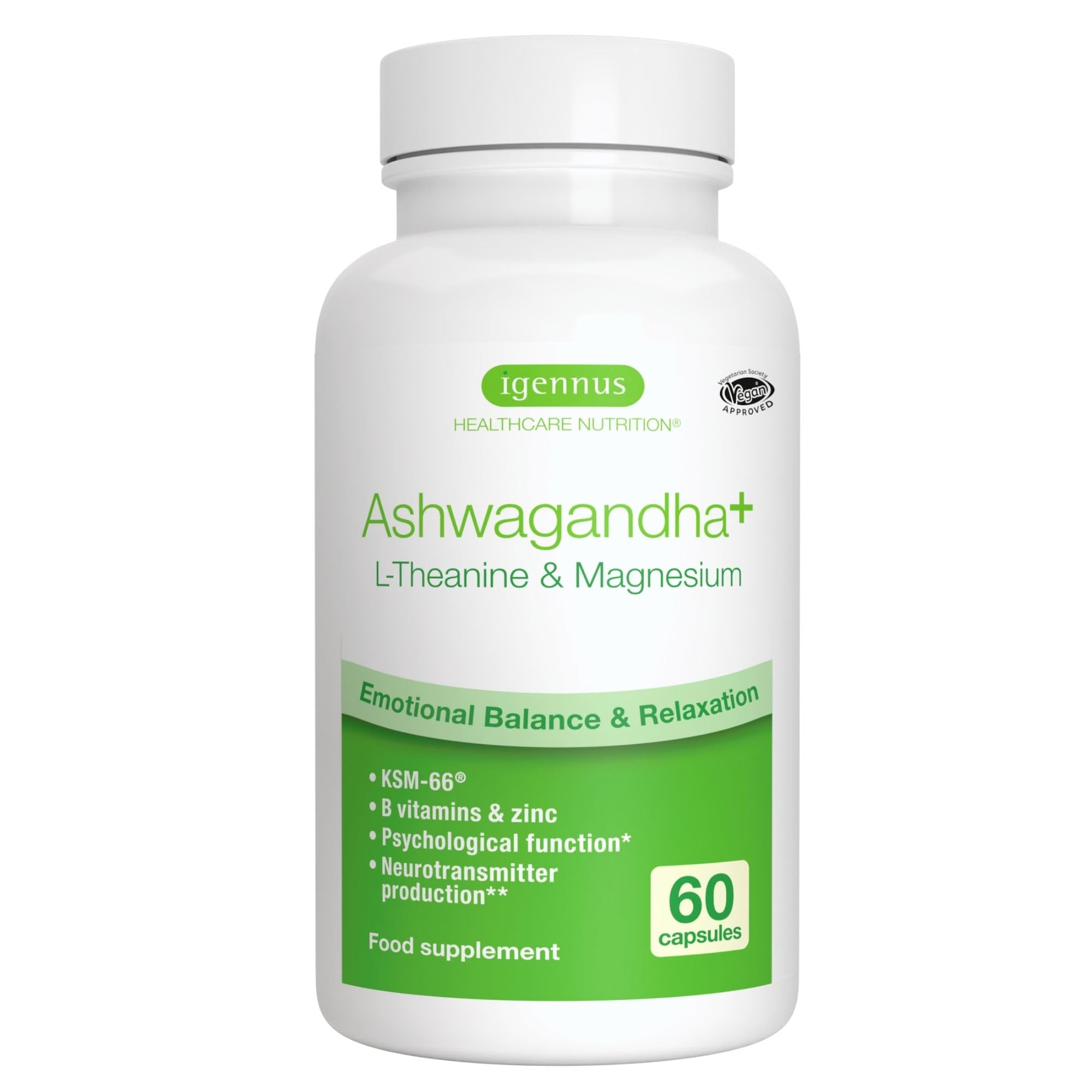 Igennus Advanced Ashwagandha KSM-66 Stress Support Complex 600mg with L-Theanine & Magnesium, B-Vitamins & Zinc, Clean Label, Root-only Extract 5% Withanolides, Vegan, 30 Servings