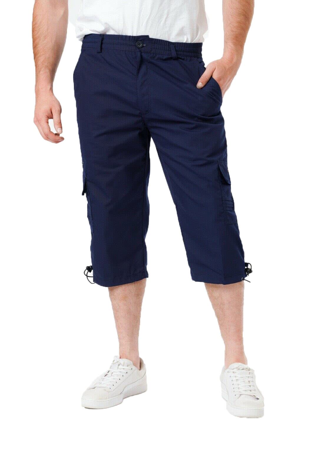 Label Apparel Men's Navy 3/4 Shorts Cargo Combat Elasticated Waist Three Quarter Length Long M-3Xl (As8, Alpha, X_l, Regular, Regular, )