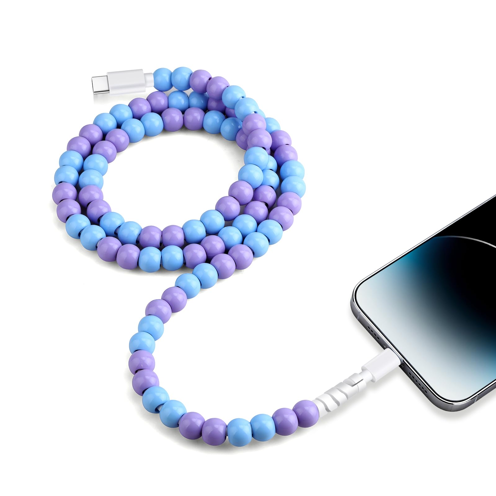 Vunake for iPhone Charger Cable 3.3FT/1M USB C to Phone Port Cable Colorful Bead Charging Cable for Girls Kids 60W Fast Charging Cable for iPhone 14 13 12 iPad-Blue-purple