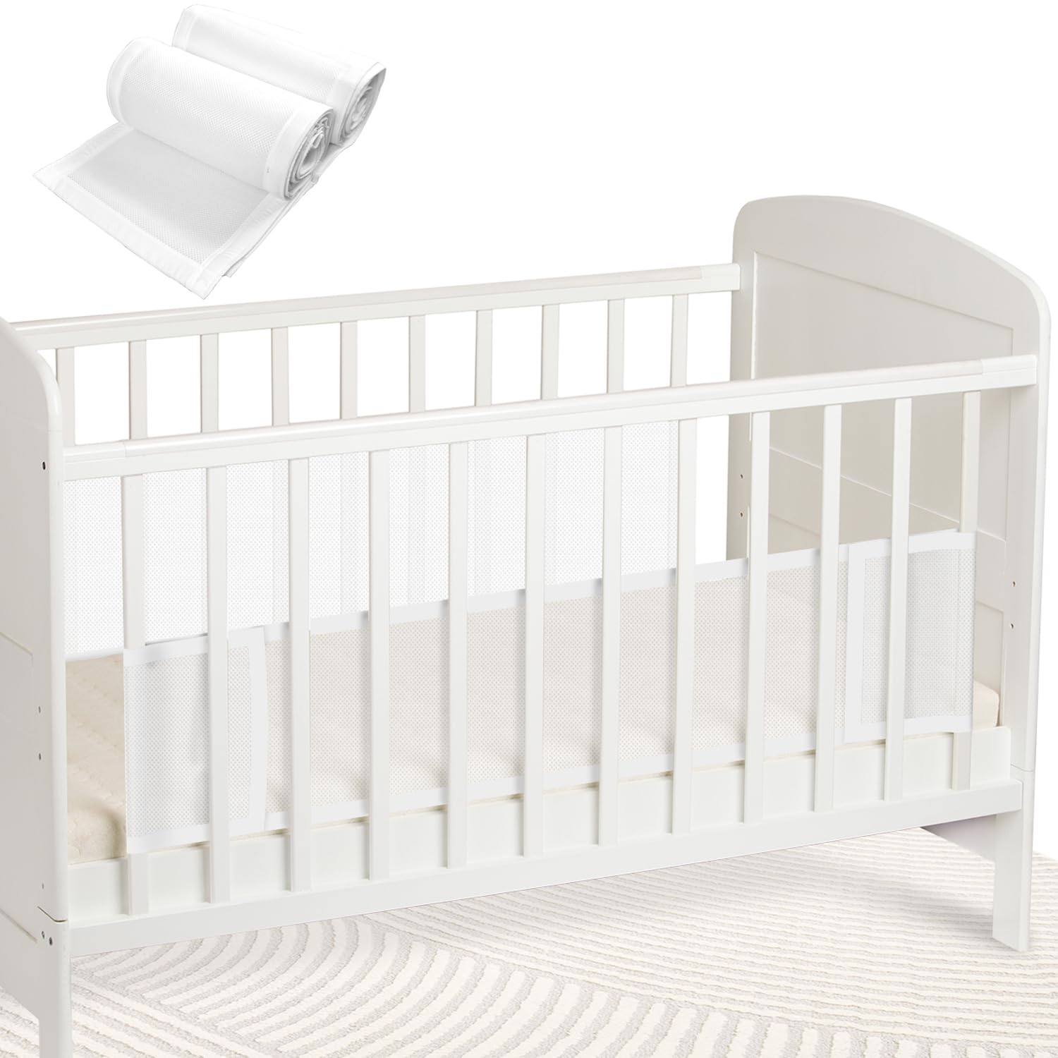 WYSWYG Breathable Cot Bed Bumper  2 Pack Mesh Cot Bumpers for Cot Bed, Padded Baby Cot Bumper Liners for Safe and Comfortable Sleeping, Adjustable Design, 32x22 cm, Lightweight and Durable White.