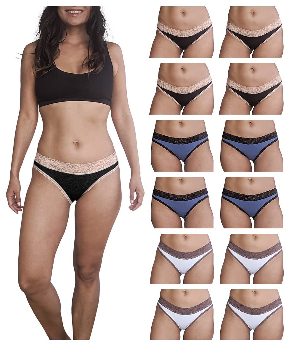 Sexy Basics Womens Multi Packs Bikini Panties Cotton-Spandex Lace Underwear Ultra-Soft Cotton Stretch Underwear