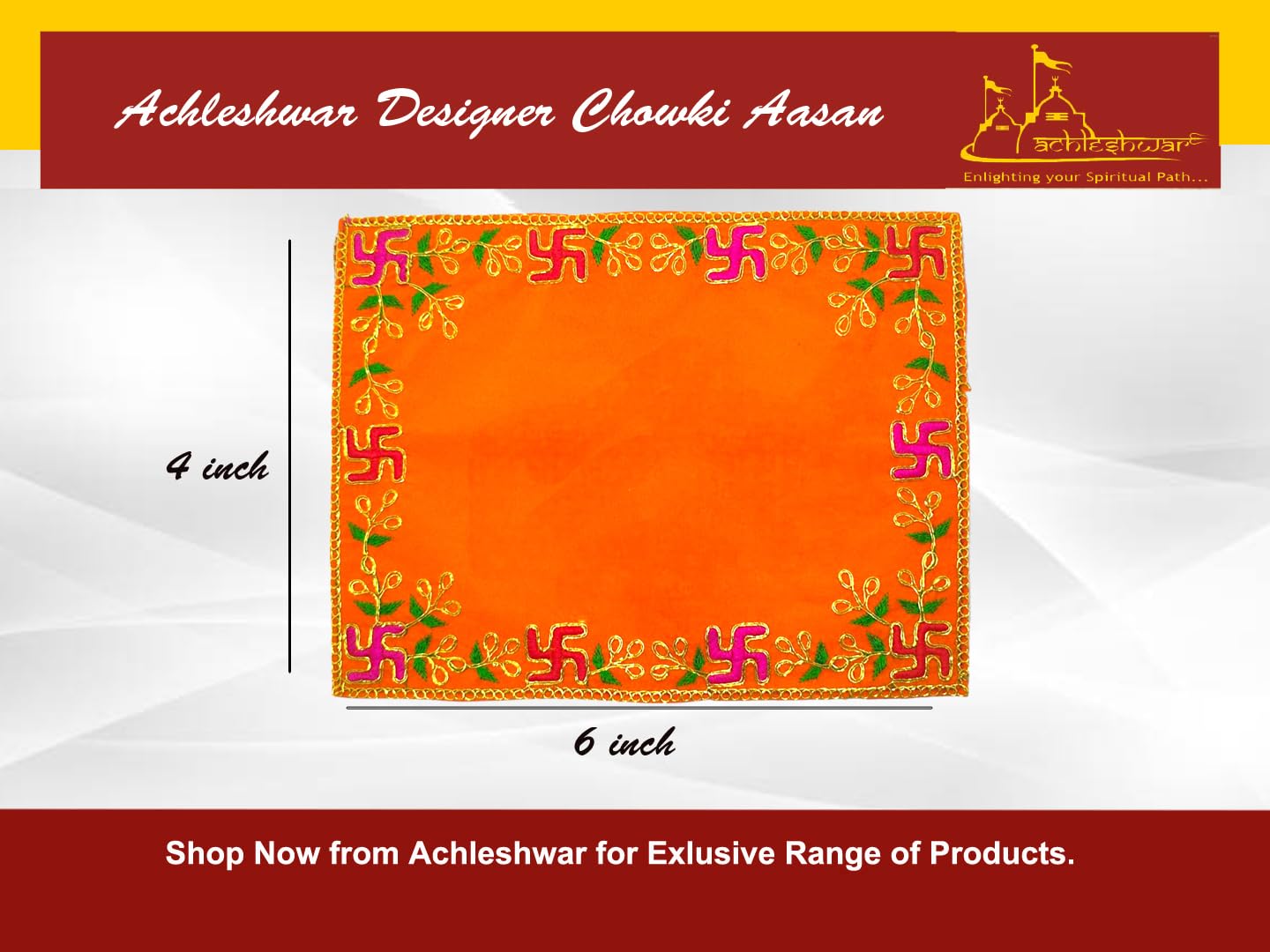 Achleshwar Designer Velvet Embroidered Pooja Aasan Cloth 4x6 inch Orange | Chowki Aasan for God Idol | Mandir Table Altar Cover for Temple, Puja Shelf, Diwali Decoration Pack 0f 6 1