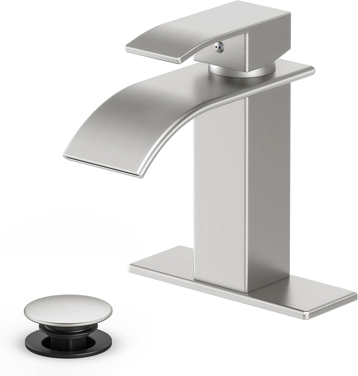 Bathroom Faucet Brushed Nickel Modern Waterfall Bathroom Sink Faucet with Single Handle Suitable for 1 or 3 Holes,Supply Deck Plate and Hose Brushed Nickel Short