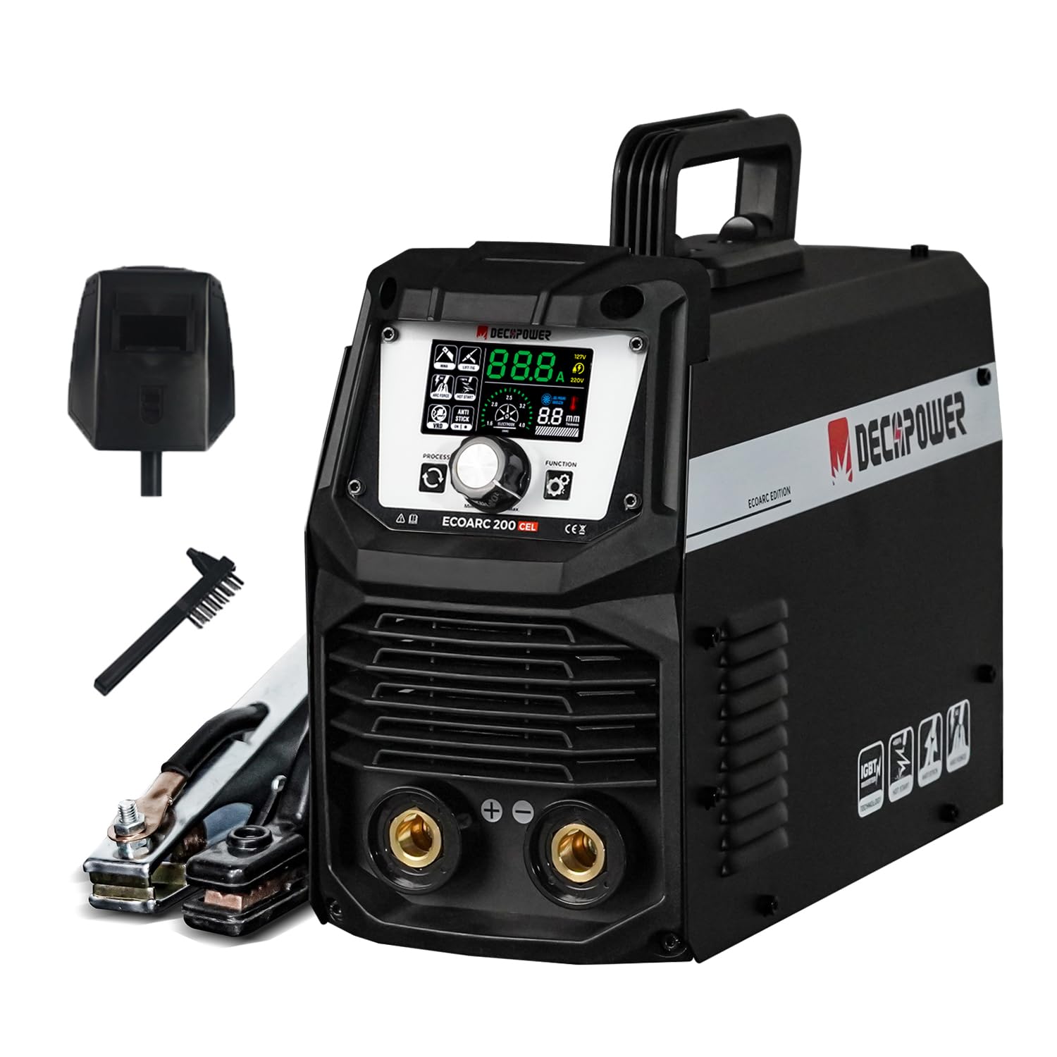 Decapower Equipo de soldadura para soldadura por arco, soldador de arco Inverter MMA TIG Soldadura eléctrica Soldadura portátil con pantalla para uso familiar (ECOARC-200)