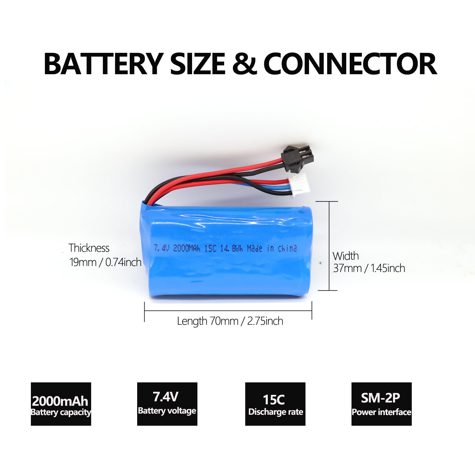 Batterie Li-ion 7,4 V 2000 MAh 15 C – Connecteur SM-3P – Pour Voitures, Camions Et Bateaux RC – Grande Capacité
