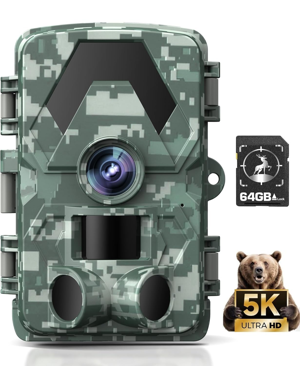 Wildkamera, 5K 60MP Wildtierkamera mit 98FT 130 Weitwinkel, 0,05s Auslösezeit Nachtsicht Bewegungssensor Jagdkamera, IP66 Wasserdicht, kein Glühen Infrarot-LEDs für Garten mit 64GB Speicherkarte