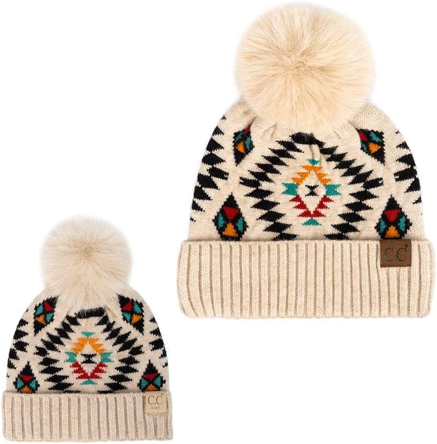 C.C Mom and Baby Fur Pom Winter Fall Trendy Chunky Stretchy Cable Knit Beanie Hat Set