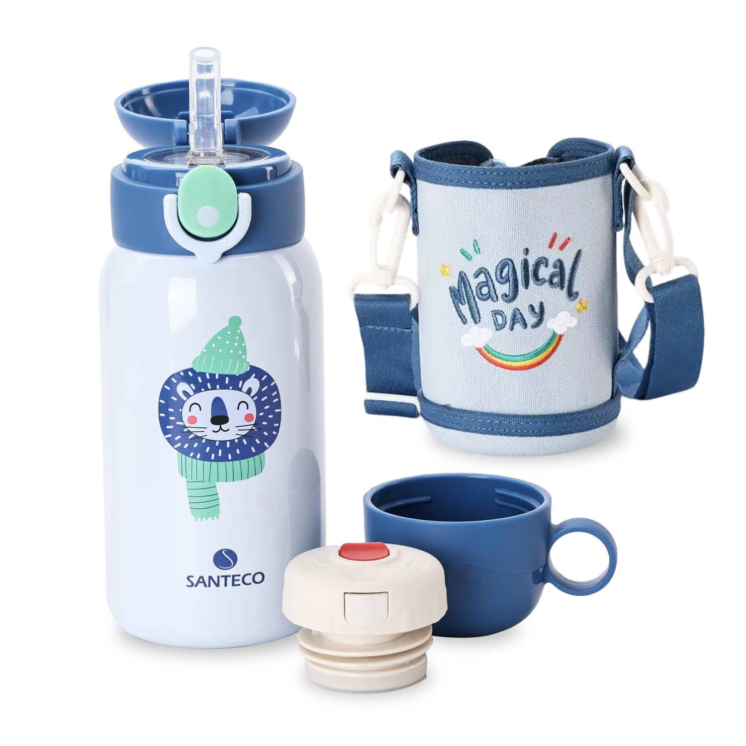 SANTECO MARA Kids Water Bottle 18oz 550ml Straw 2Way Vacuum Insulated Lion