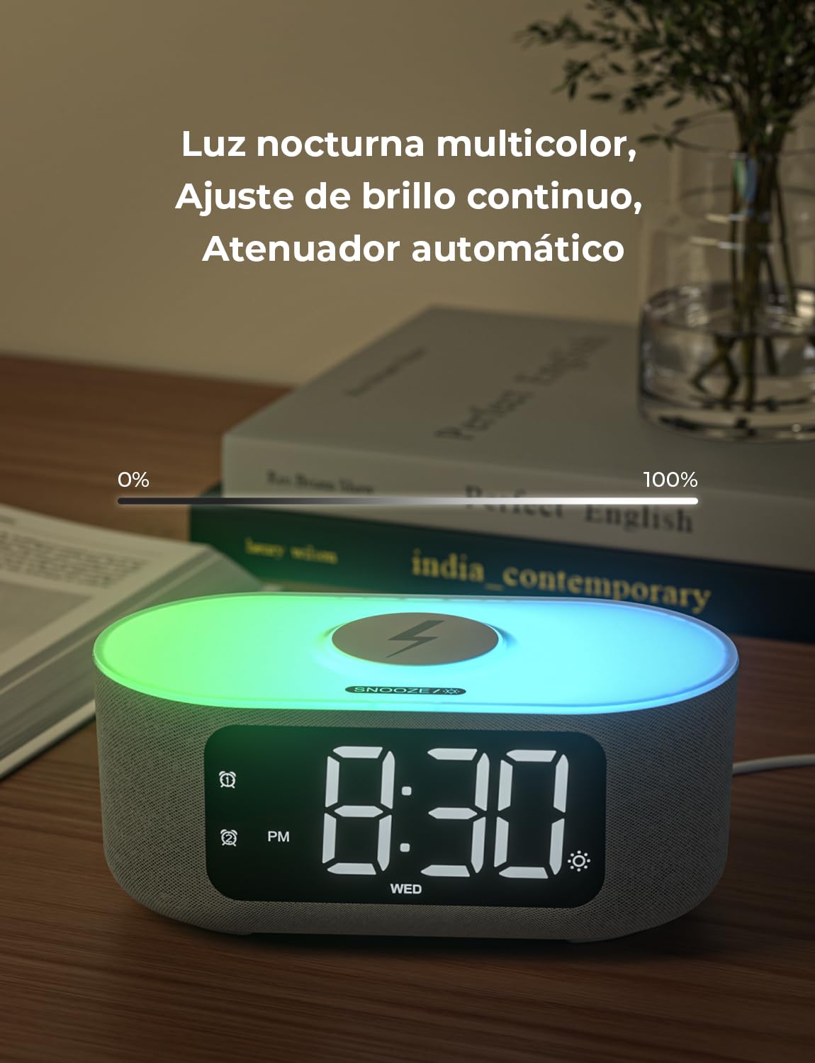 LIORQUE Radio Despertador Digital con Carga Inalámbrica 15W Qi, Reloj Despertador con Pantalla LED de Atenuación Automática, Luz Nocturna, Altavoz Bluetooth, Doble Alarma y Snooze, Modo Fin de Semana