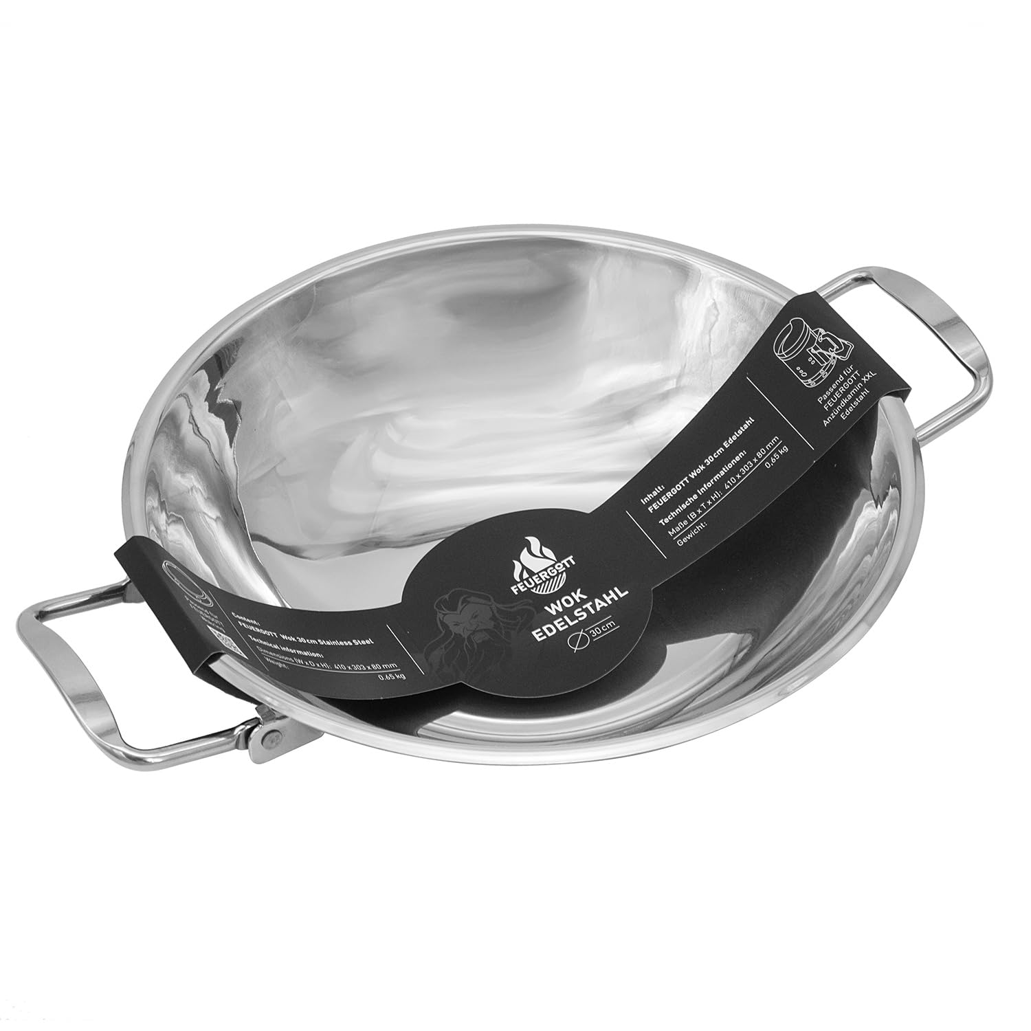 Wok Pfanne Edelstahl Ø 30 cm mit abklappbaren Griffen, runder Boden, spülmaschinengeeignet, für Gasgrill, Gasherd, Induktion