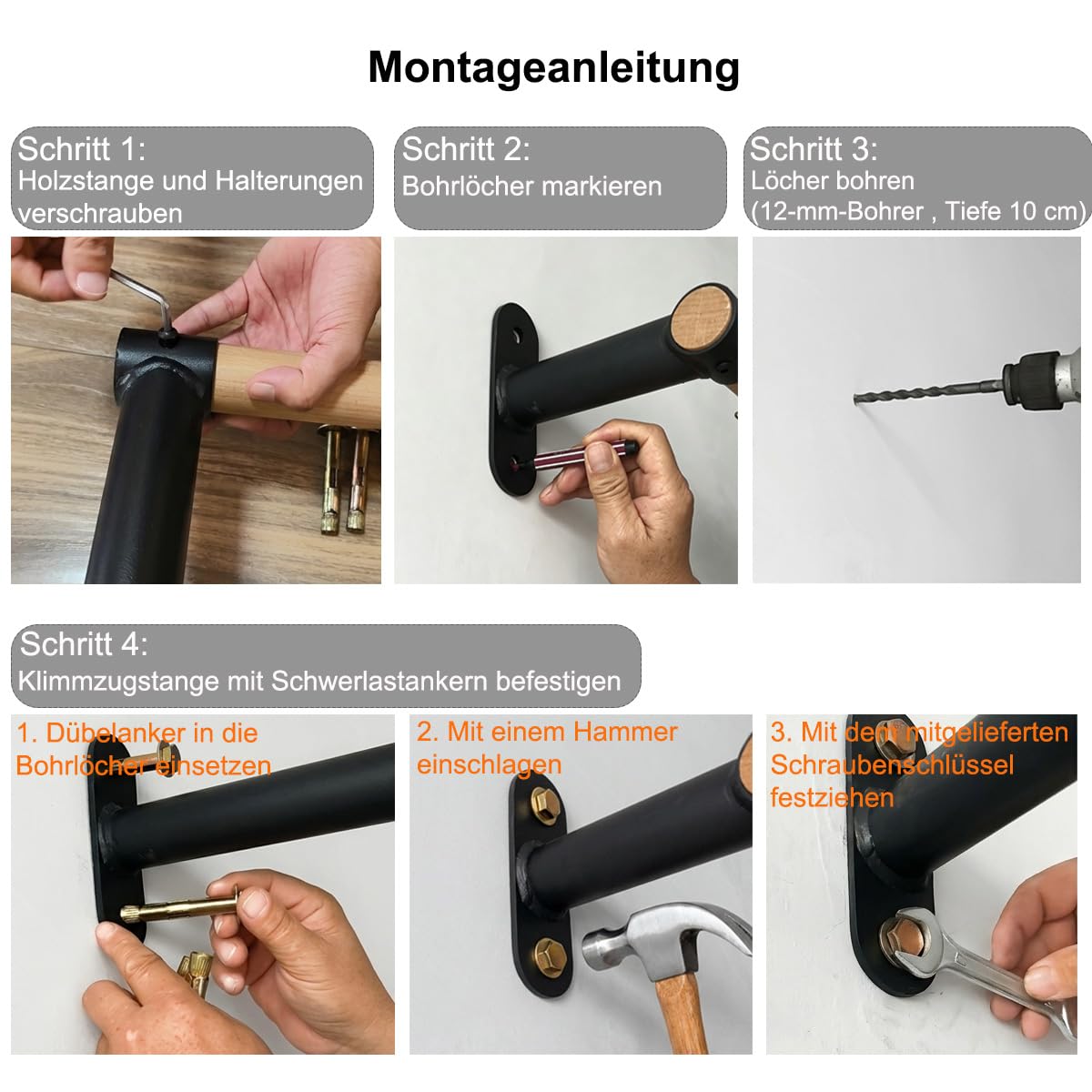 Klimmzugstange Wandmontage aus Holz, 40mm Holzgriff aus Buche, Platzsparende Pull Up Bar für Home Gym & Calisthenics, 130kg Belastbar – 100 CM