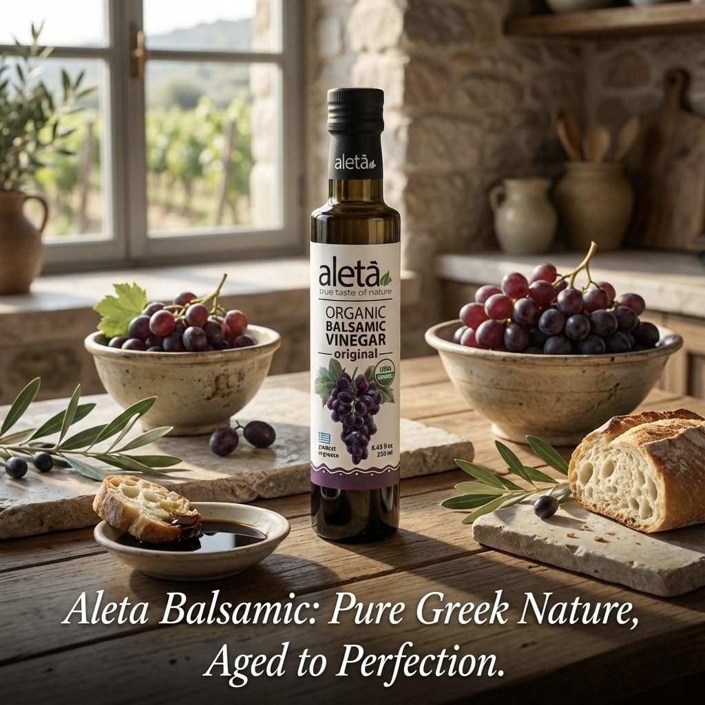Aleta Farms Greek Balsamic Vinegar, USDA Organic, Perfect for Salad Dressings, Pasta, Desserts, Glass Bottle, 8.45 fl oz (Original)