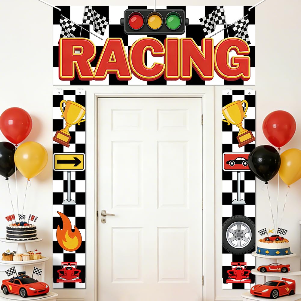 SUPERDANT Racing Car Banner Set Polyester Porch Sign Championship Trophy Reusable Welcome Backdrop Door Decor for Indoor Outdoor Gatherings Race Car Birthday Decoration 180x68cm