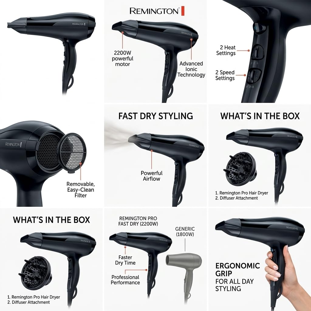 Remington Sèche-cheveux Ionique [Puissant, léger] Pro-Air (2200W, séchage rapide anti- frisottis, revêtement céramique: répartition homogène, 3 températures/ 2 vitesses, concentrateur précis) D5210