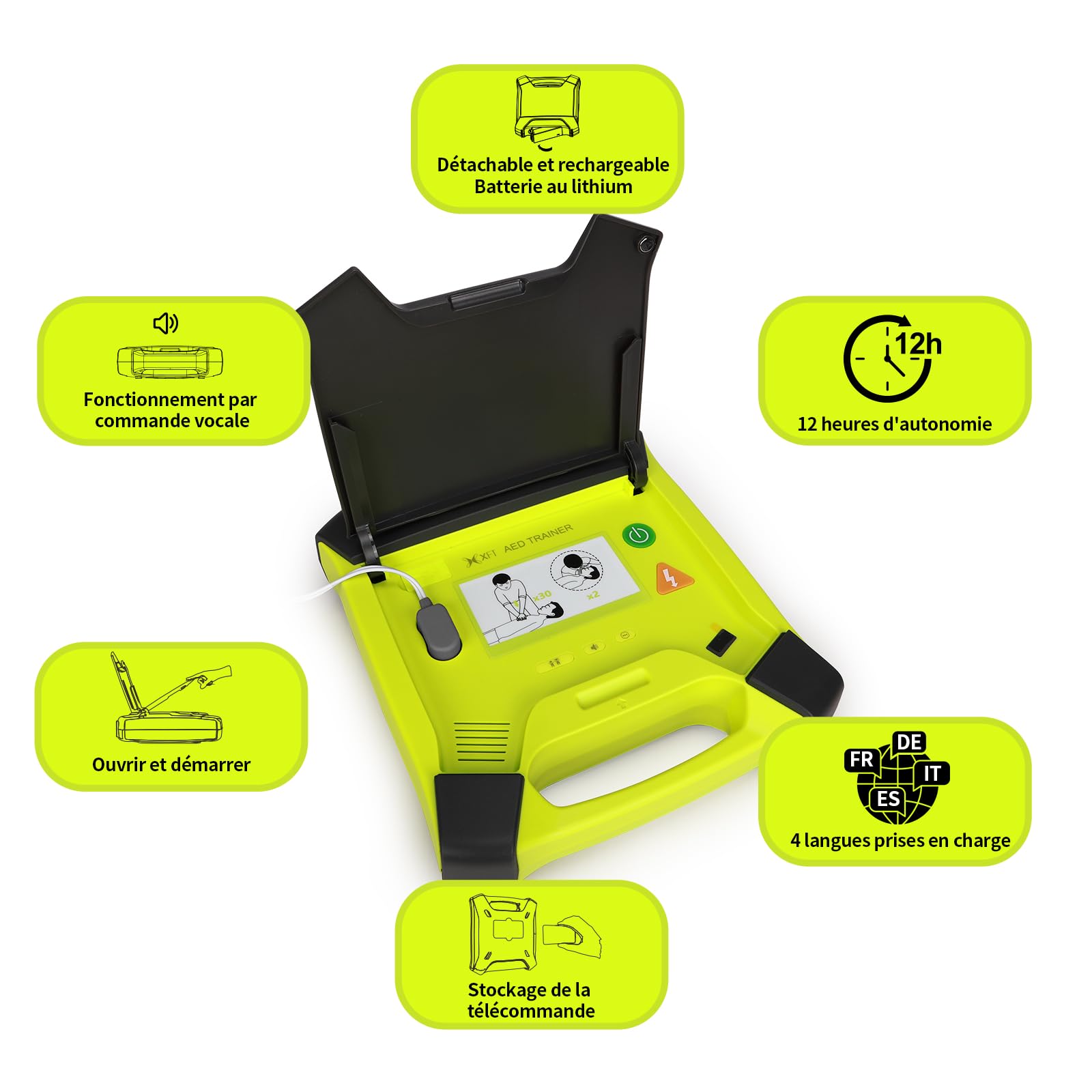 Rechargeable Défibrillateur de Formation, AED-Trainer XFT 120GA, Entraînement de Premiers Secours Pédagogique, 8 Scénarios Différents, Annonces Vocales en Français, Allemand, Espagnol et Italien