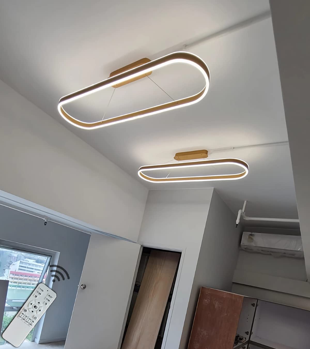 JINWELL Led-hanglamp, eettafellamp, woonkamerlamp, dimbaar met afstandsbediening, hanglamp, moderne kroonluchter, ronde ring, verlichting, verlichting, aluminium, acryl, plafondlamp, 120 W, goud, 4 lampen, 40