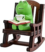 Adorable Mini Frog Figurine on Wooden Rocking Chair - Cute Resin Desk Decor for Office, Home & Frog Lovers