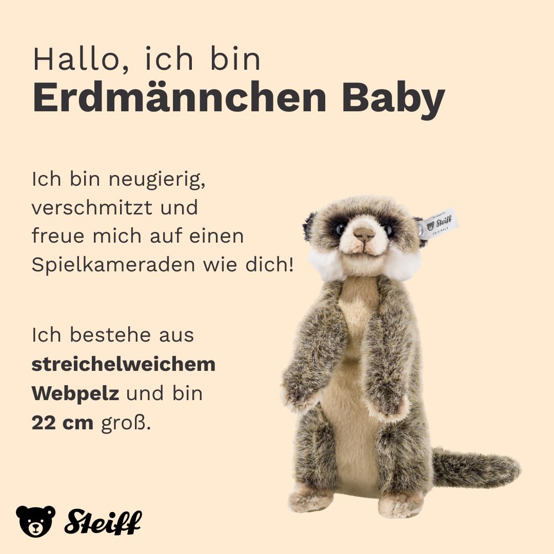Steiff Kuscheltier Erdmännchen Baby, Süßes Stofftier mit Kunststoffaugen, Kinder, Jungen & Mädchen, Plüschtier 22 cm, Braun, 069871