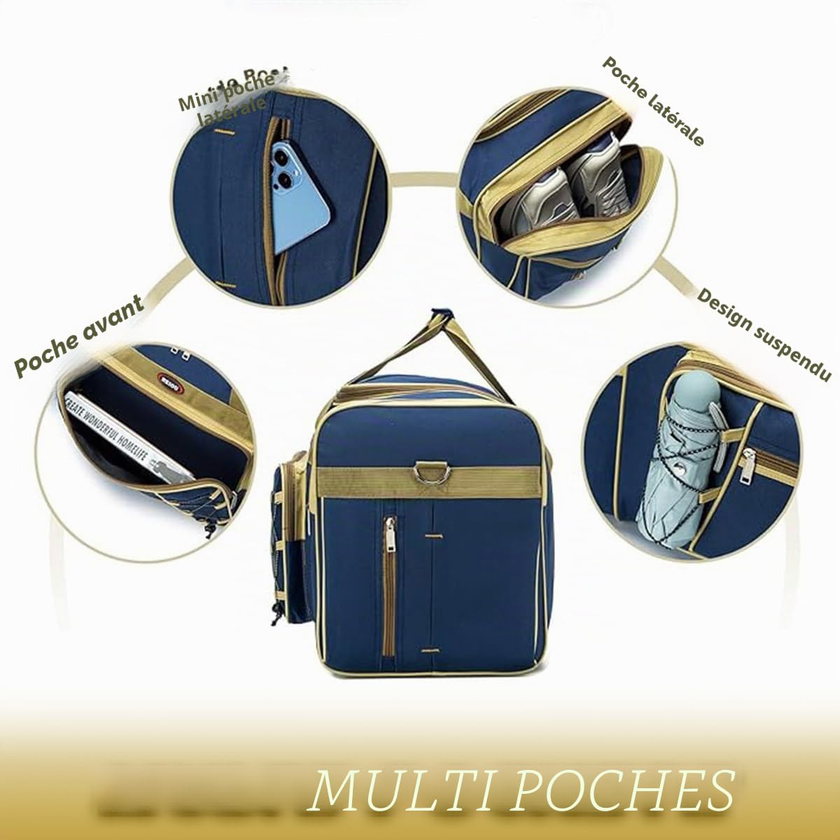 Sac de Voyage pour Homme, Week-End, Sac de Transport, léger, Extra Large, Oxford, Robuste, imperméable pour Homme et Femme, 66 cm (Bleu doré), Bleu doré., X-Large, 46