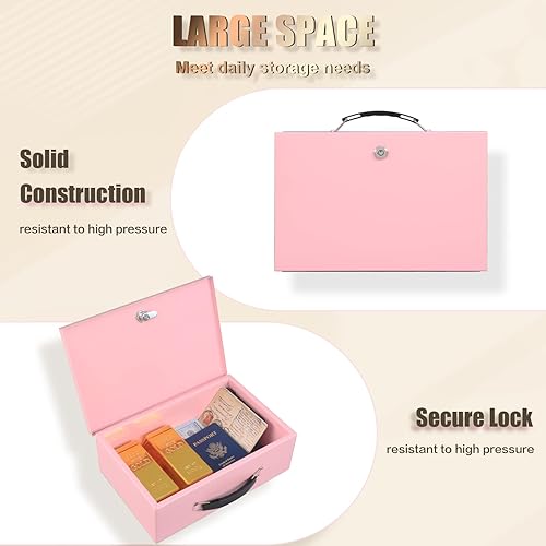 Miniatura 2 de xydled Caja fuerte resistente al fuego con cerradura de llave para almacenamiento de seguridad de objetos de valor, 12.8 x 8.5 x 4.5 pulgadas, rosa