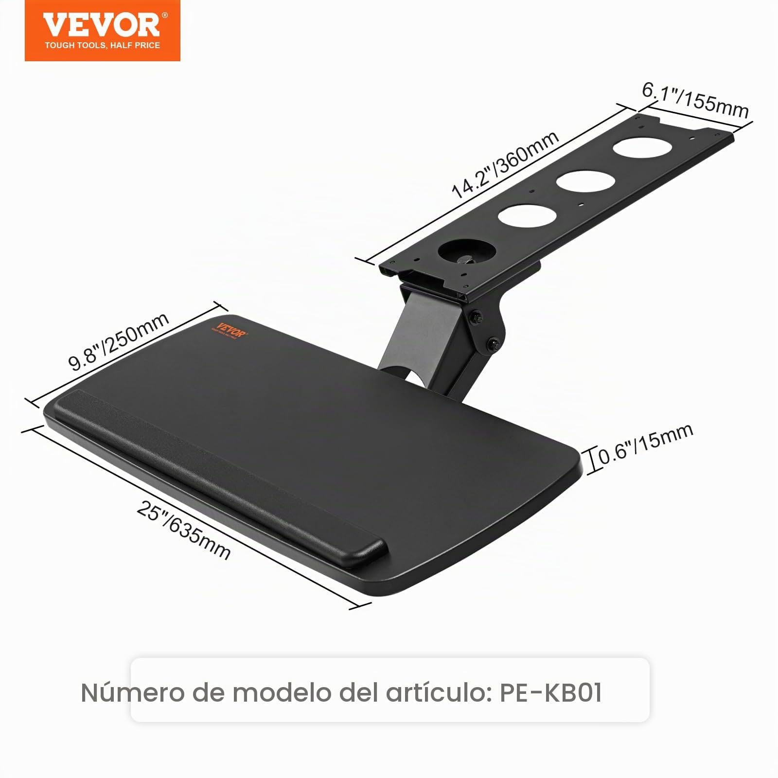 VEVOR Soporte para Teclado Bandeja Deslizante para Teclado y Ratón de 63,5x25 cm Debajo del Escritorio Carga Máxima de 5 kg Fijación Fácil y Ángulo Ajustable para PC en Oficina Casa