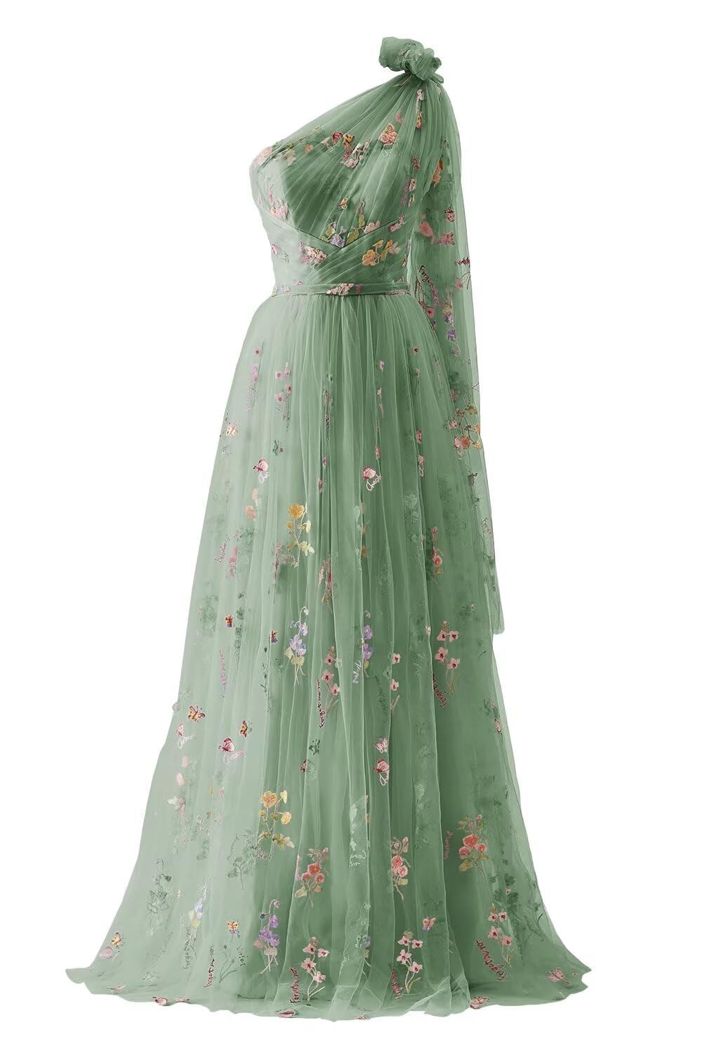 YIANN Flower Embroidery Tulle Prom Dresses for Teens Plus Size One Shoulder Formal Evening Dress Sage Green UK26