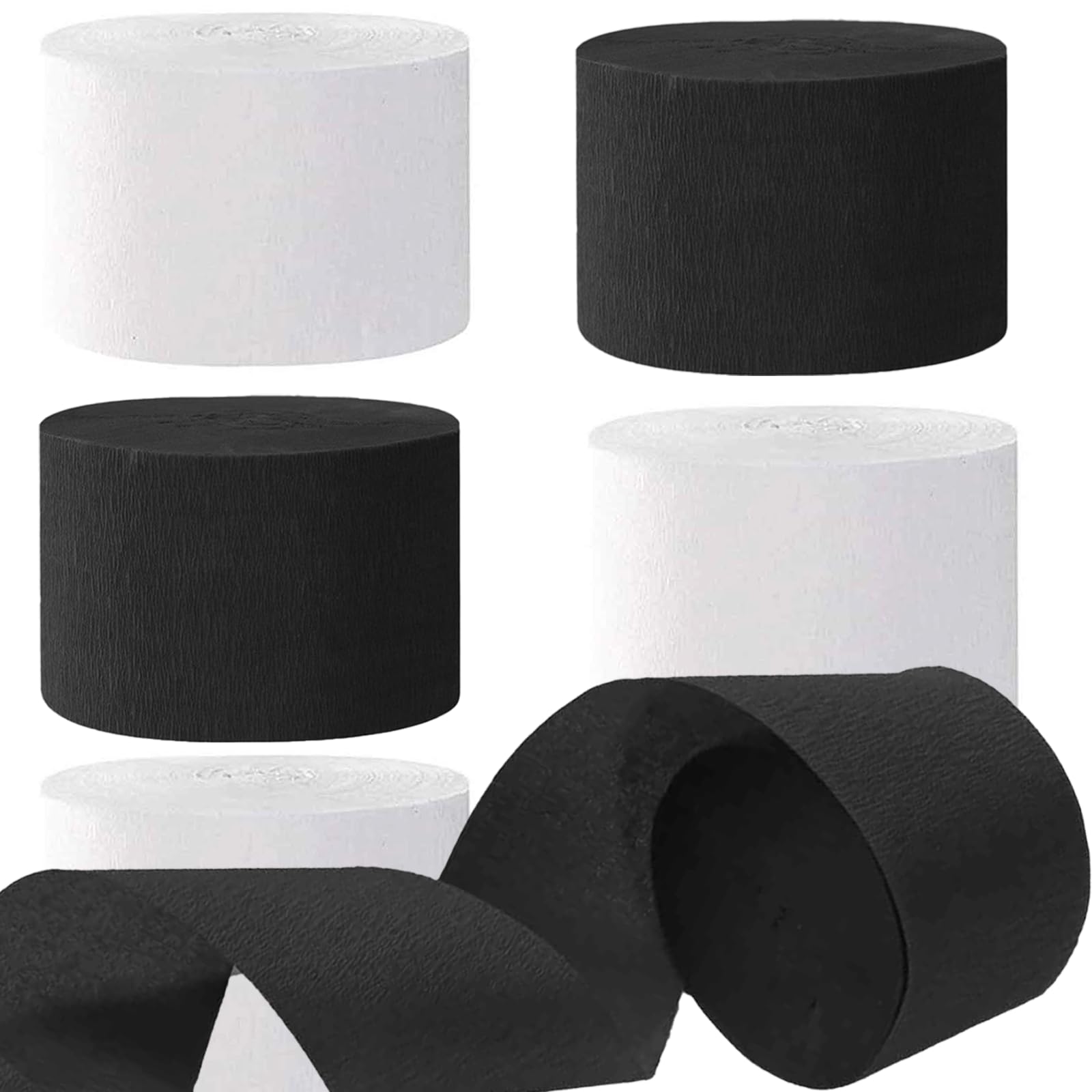 White and Black Crepe Paper Streamers 1.8 Inch Widening 6 Rolls,Black and White Party Streamer 82 feet per roll for Birthday Wedding Party Decorations