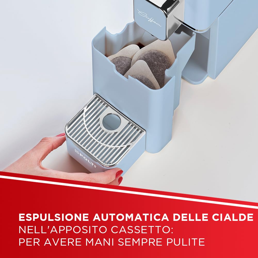 Polti Coffea S15LB, Macchina per Caffè Espresso, Compatibile con Cialde E.S.E. 44 mm, Serbatoio 0,85L, Pressione Pompa 19 bar, Colore Azzurro