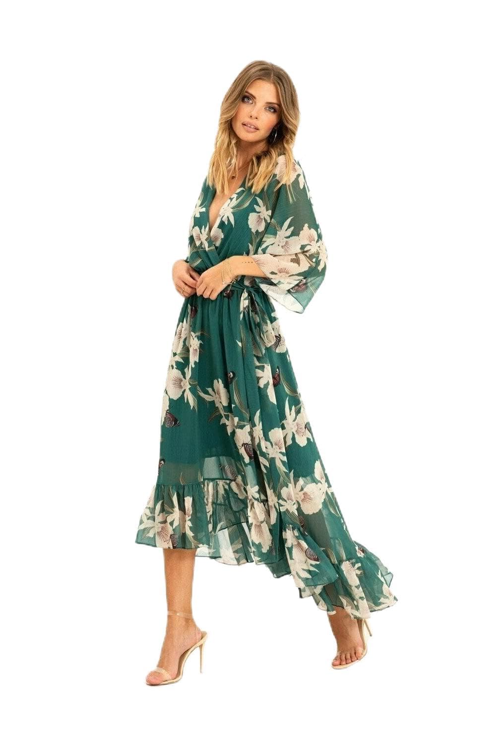 Yumi Floral Print Green Kimono Midi Wrap Dress 20 Green