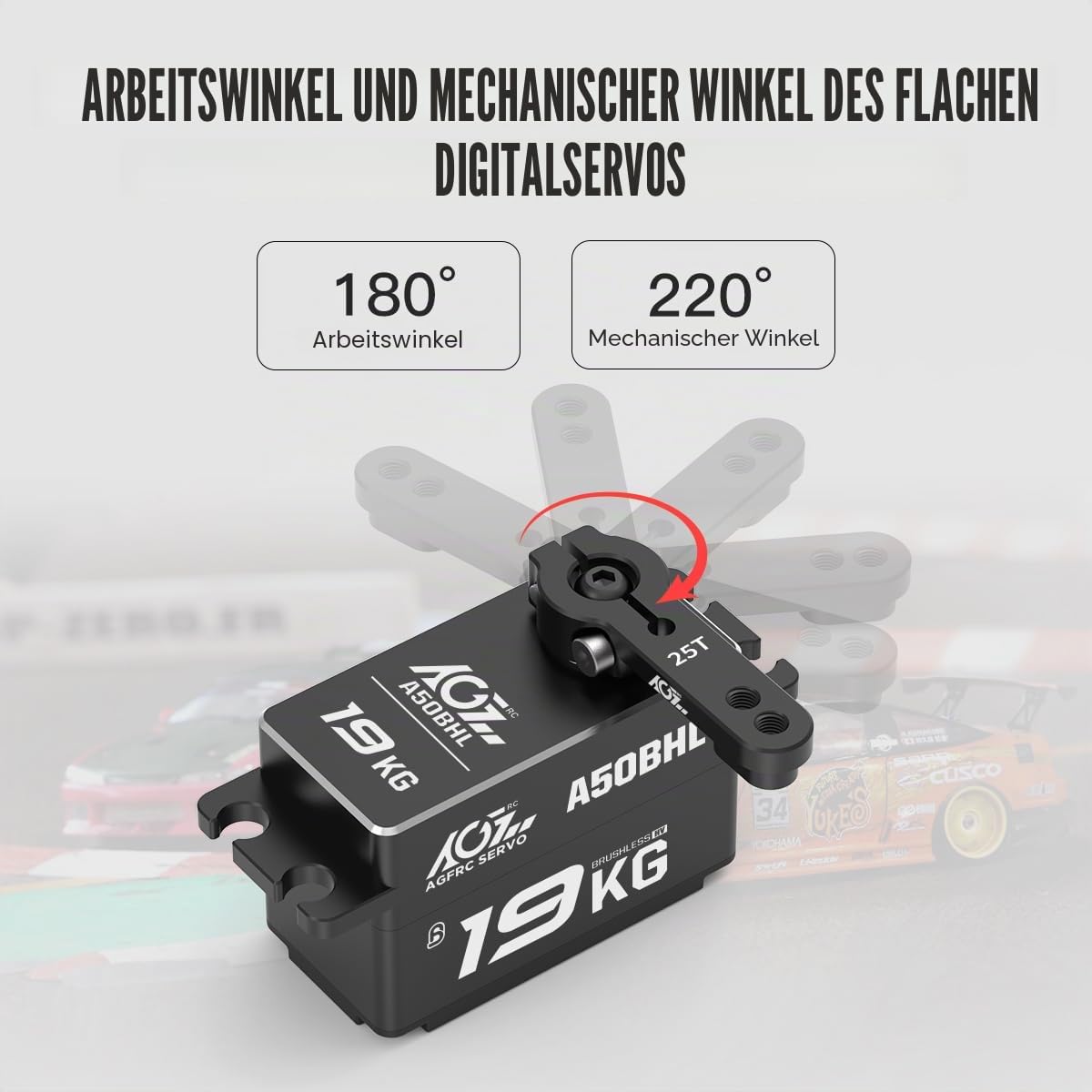 AGFRC 19 kg Low-Profile-programmierbarer RC-Lenk-Servo – 0,073 Sekunden Hochgeschwindigkeits-Vollmetallgetriebe, bürstenloser schwarzer Servo mit 25T Metall-Servohorn für 1/10 RC Drift-Auto