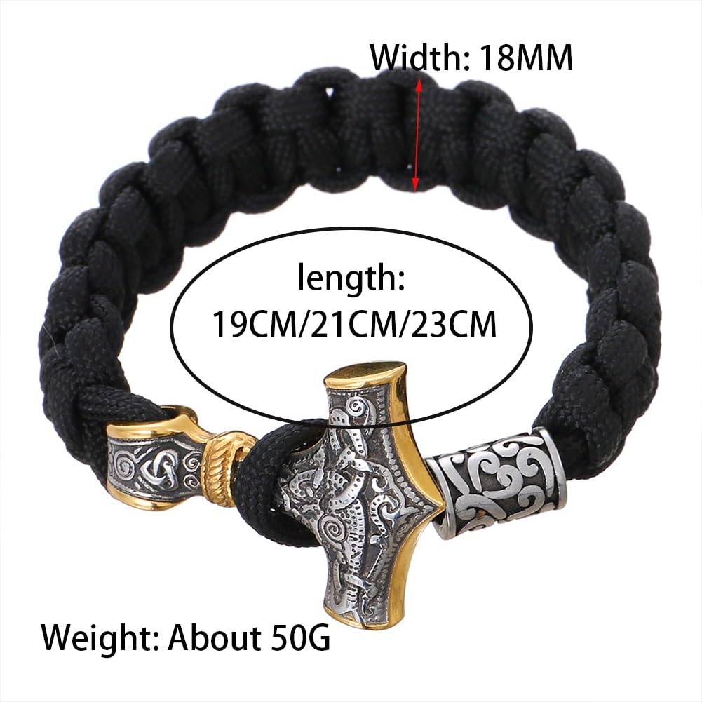Skórzana bransoletka dla mężczyzn, Viking Mjolnir Paracord Bransoletka ze stali nierdzewnej Złoto Srebro 19cm-23cm