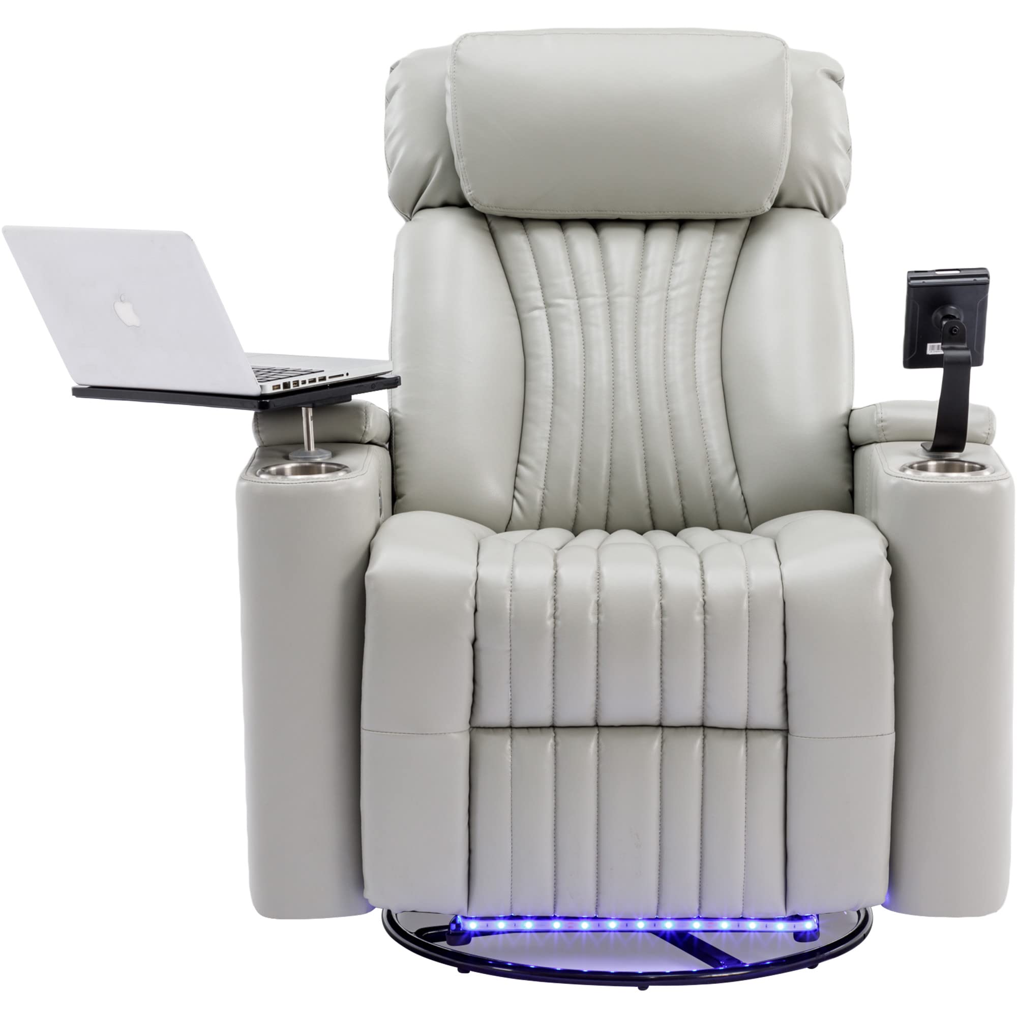 270 Degrees Power Swivel Recliner,Home Theater Seating With Hidden Arm Storage and LED Light Strip,Cup Holder,360 Degrees Swivel Tray Table,and Cell Phone Holder,Soft Living Room Chair,Blue (Grey5)