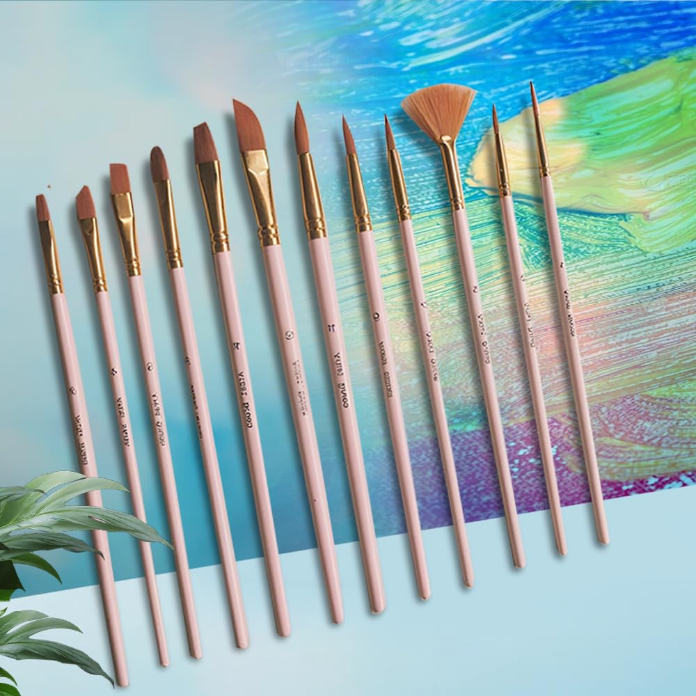 Artist Watercolor Paint Brushes, 12Pcs Paint Brushes Value Pack,12pcs Different Sizes Detail Paint Brush for Watercolor, Acrylics, Ink, Gouache, Oil, Tempera (Pink)