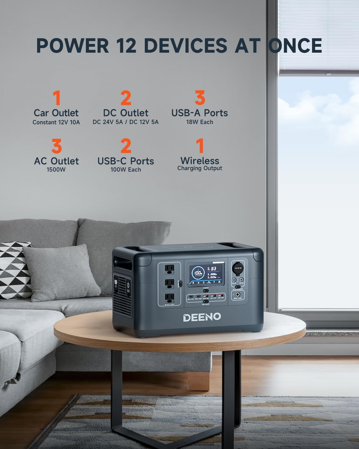 DEENO S1500 charging from a wall outlet