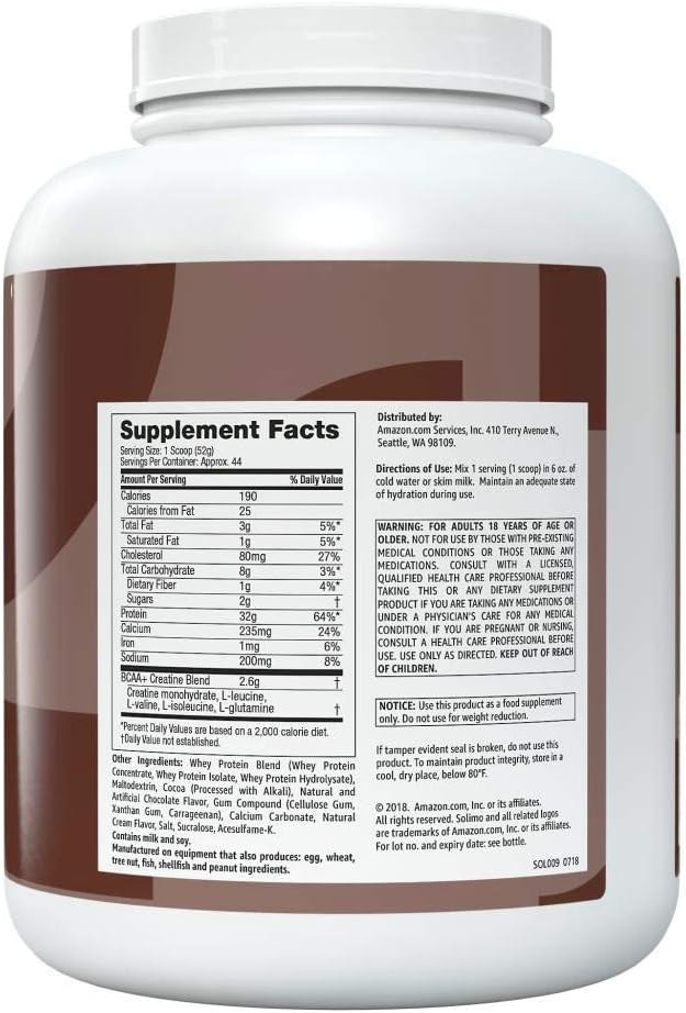 Amazon Brand - Solimo Whey Protein Powder with Creatine, Chocolate, 5 Pound (Pack of 1)