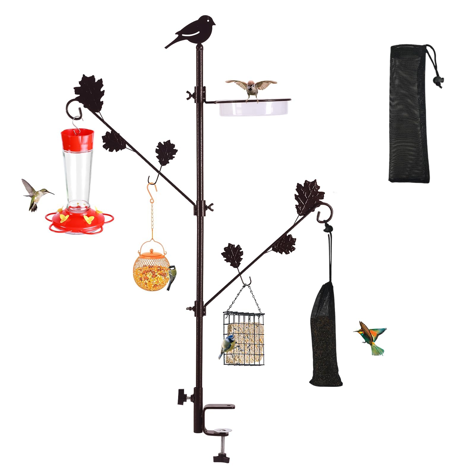 ERYTLLY 42 Zoll Deck Vogelfutterstation Kit, Wildvögel Vogelfutterstation für draußen hängende Pflanzen Halter Deck Pole Veranda Multi-Haken Vogelfutterstation mit Wasserschale für Balkon, Garten und