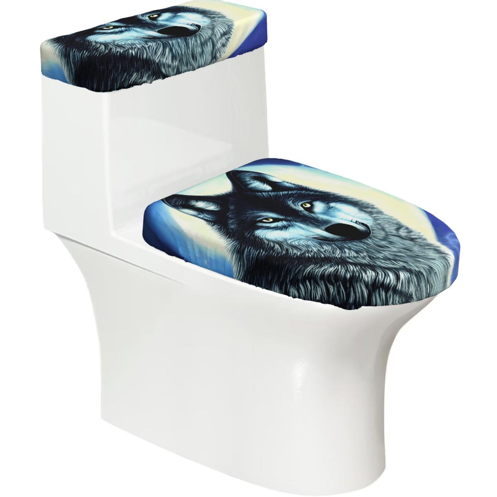 Cntdbu Black Wolf Under Moon Stretchy Toilet Lid And Tank Cover Set-Soft Elastic Bathroom Decor For U Shape Oval