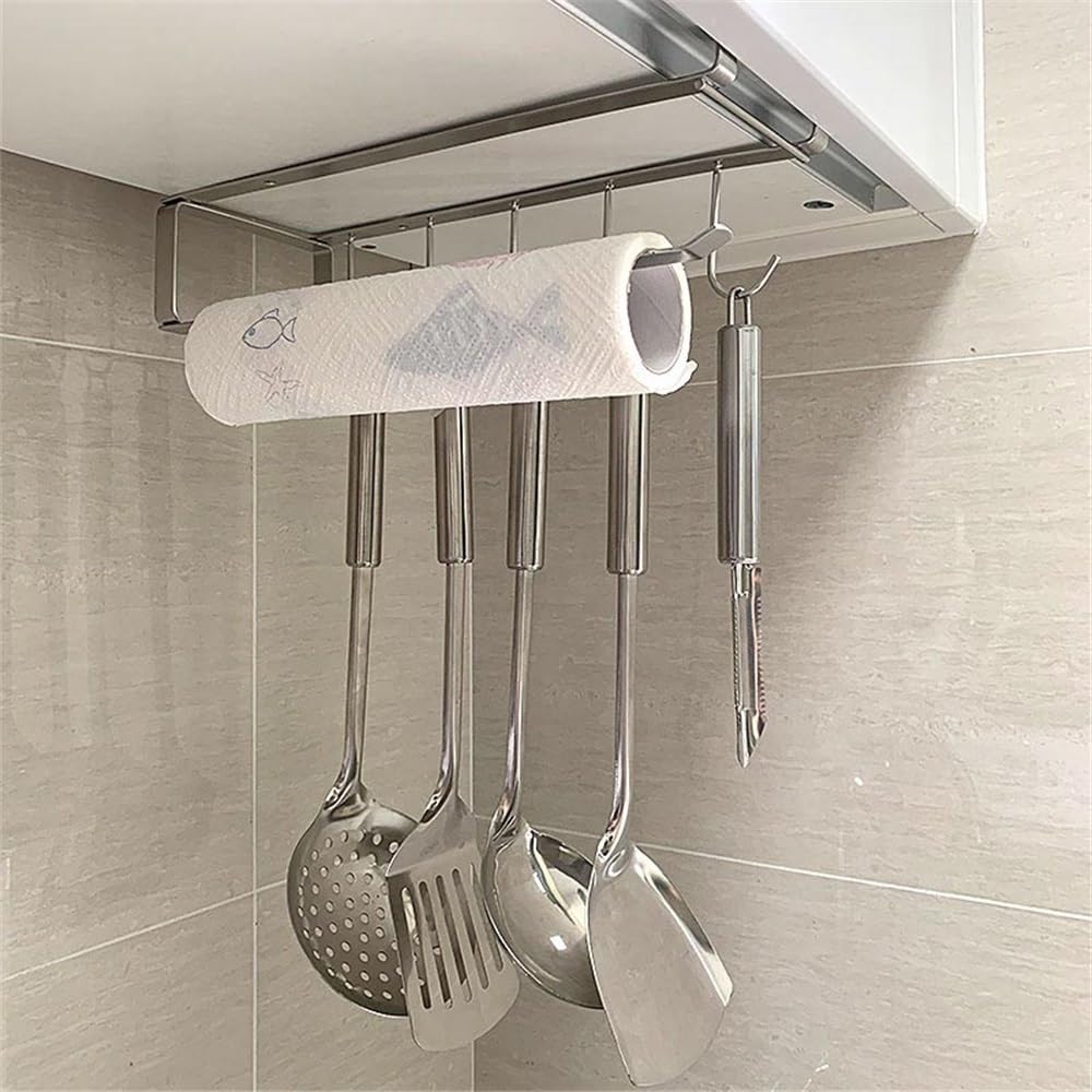 Portarotolo da cucina, in acciaio inox, per asciugamani di carta, sotto l'armadio, per bagno, cucina, accessori (nero)