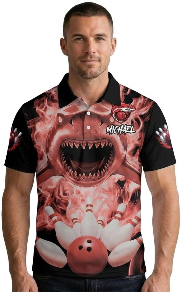 PRIMESTY Shark Bowling Polo Shirts – Personalized Bowling Jerseys with Shark Design for Men, Women, and Unisex