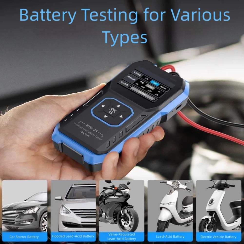 The BTM-24 Car Battery Tester with illustrations of different battery types it can test, including car starter, flooded lead-acid, valve-regulated lead-acid, lead-acid, and electric vehicle batteries.