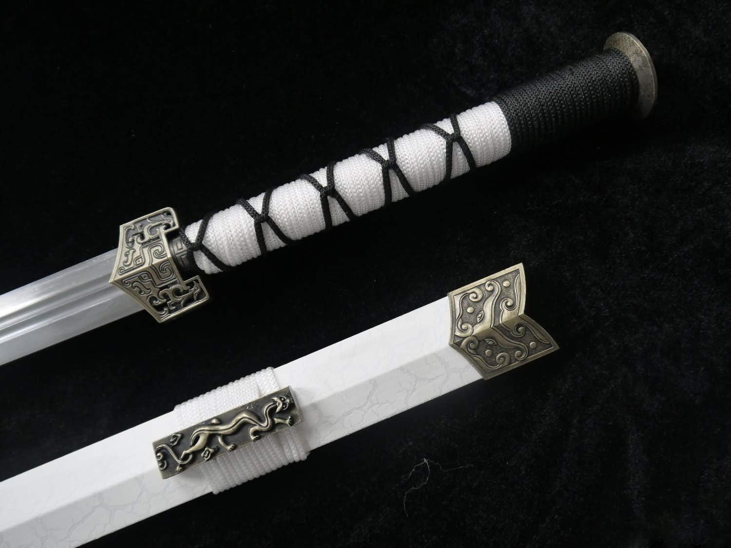 Chinese Sword,Han jian,Medium Carbon Steel Blade,White Leather Paint Scabbard