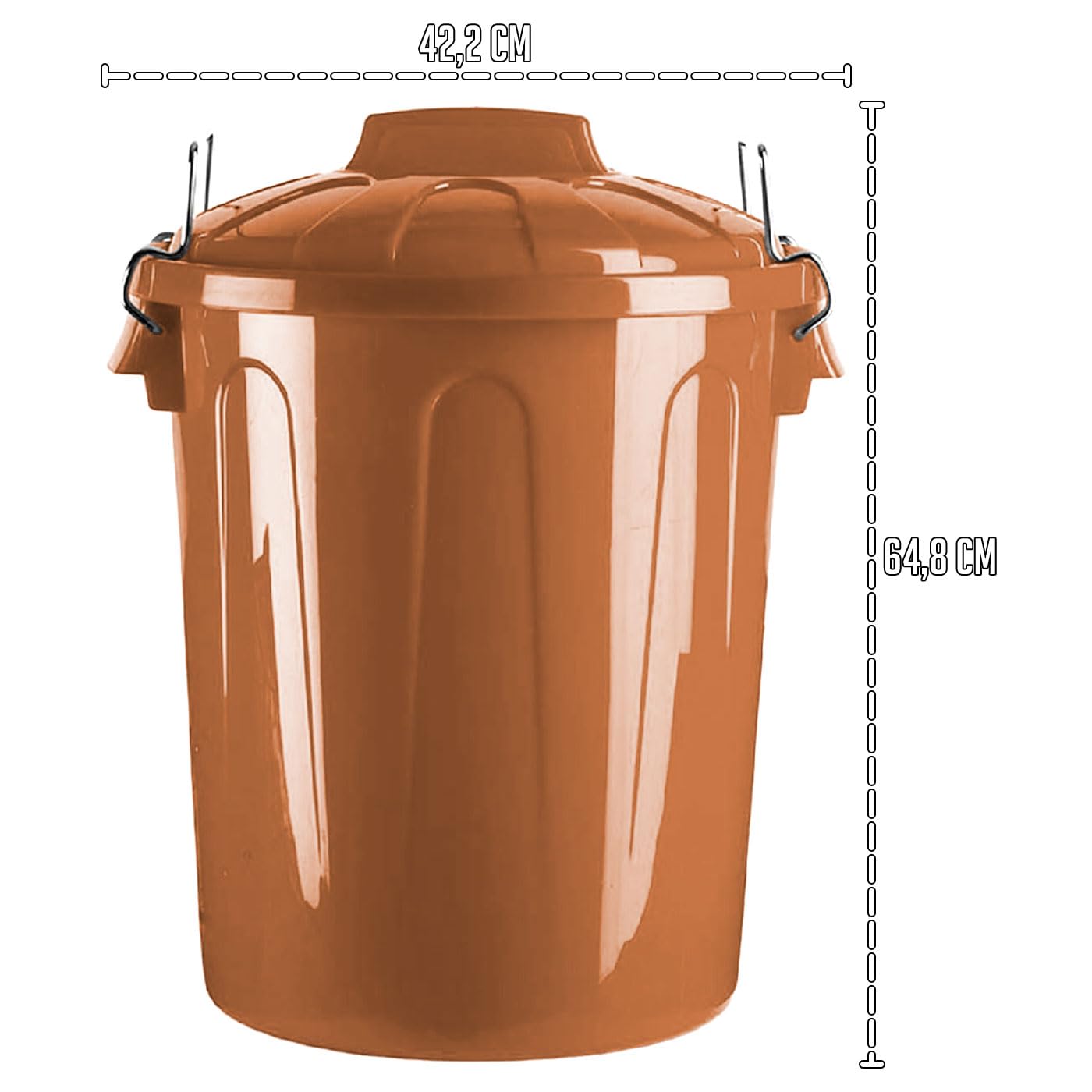 Tradineur - Cubo de basura de plástico - Incluye tapa y asas metálicas - Fabricado en España - Contenedor de residuos - Capacidad de 70 Litros - Ø 47,2 x 64,8 cm - Color Marrón