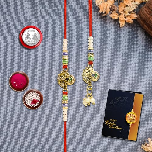Image of Oblivion Rakhi Set for Bhai and Bhabhi -Peach Bead for Bhai 1 Pc and Lumba for Bhabhi 1 Pc - Silver Color Pooja Coin and Greeting Card Combo