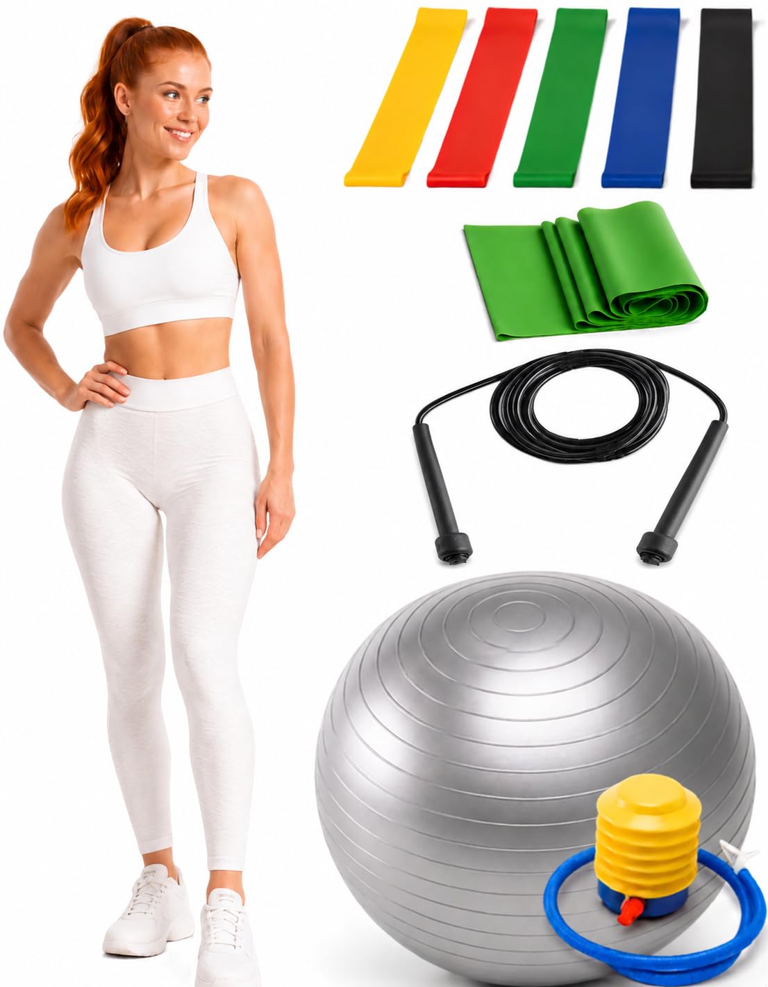 Bola de Pilates Suiça 65cm com bomba Yoga Ginastica + 6 Elasticos + Corda de Pular