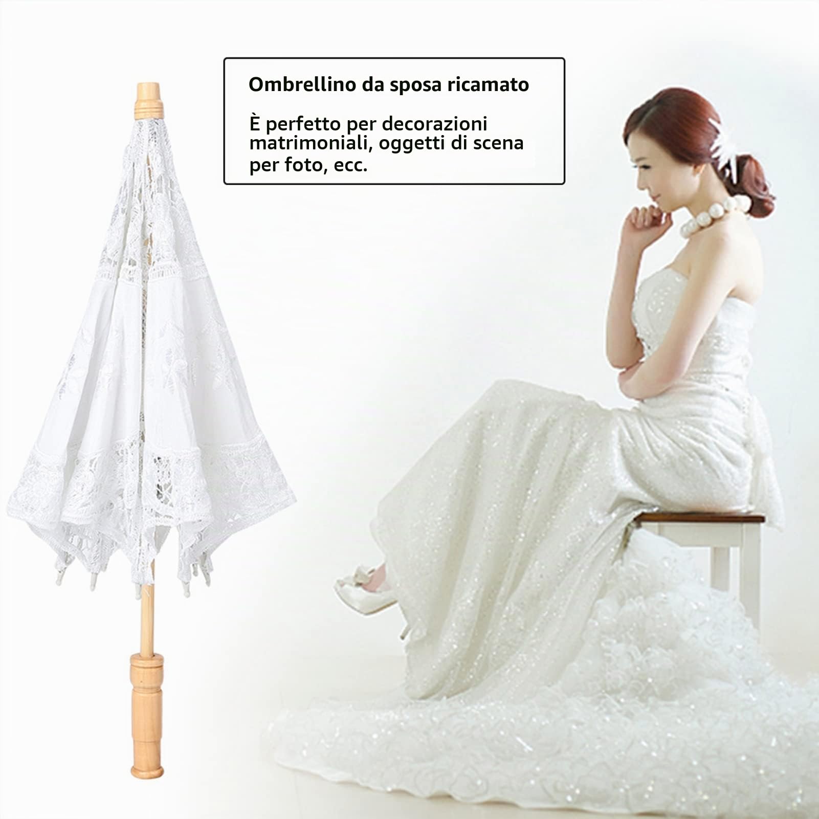 White Lace Parasol Umbrella, Lady Women Handmade Flower Embroidery Lace Umbrella Wedding Party Decor Photography Use
